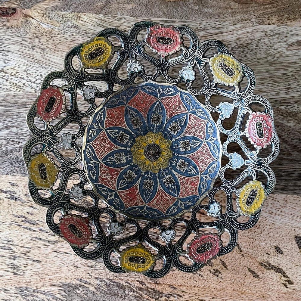 Brass hand painted enamel trinket bowl with cutouts stamped ‘pro karma India’